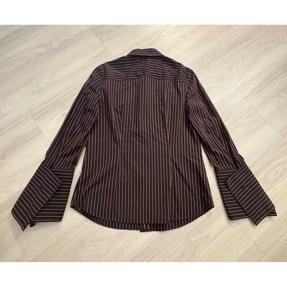 Lafayette 148 New York Women Shirt Navy Orange Striped Bell Cuff Button Down 4 - Picture 3 of 12
